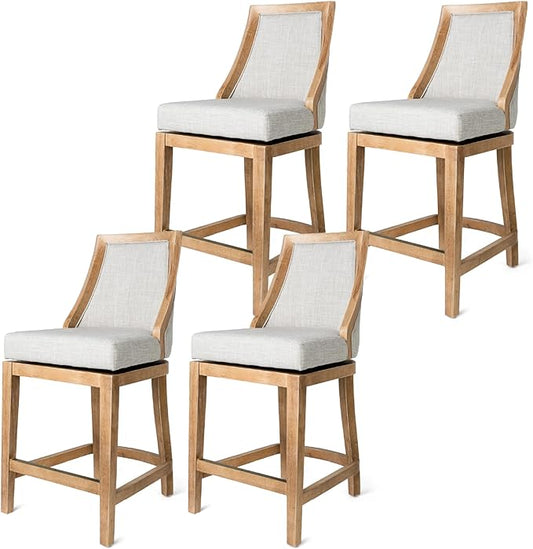 Maven Lane Vienna Counter Stools 26 Inches – Set of 4 – Swivel Stools with Footrests – Brown Solid Wood and Natural Fabric Upholstery – Ideal for Kitchen Islands and Counters