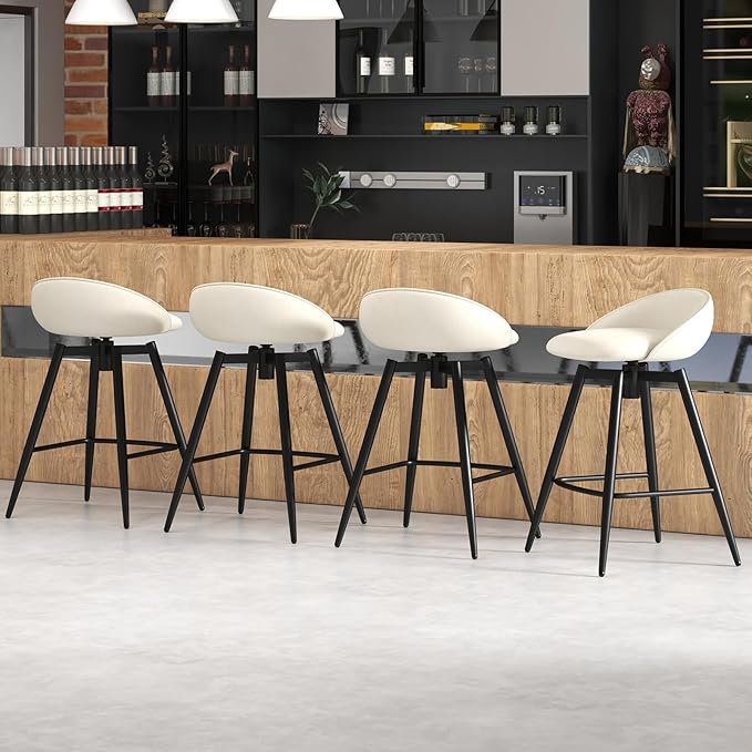 COSTWAY Bar Stools Set of 4, 25" Upholstered Counter Height 360° Swivel Bar Stools w/Backrest & Footrest, Heavy-Duty Metal Frame Armless Breakfast Chairs for Kitchen, Living Room (Set of 4,Beige)