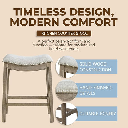 ROME + OAK Set of 3 Parker 26" Counter Stool, Backless Saddle Kitchen Barstool in Reclaimed Oak Finish with Ash Grey Fabric Upholstery Cushion Seat