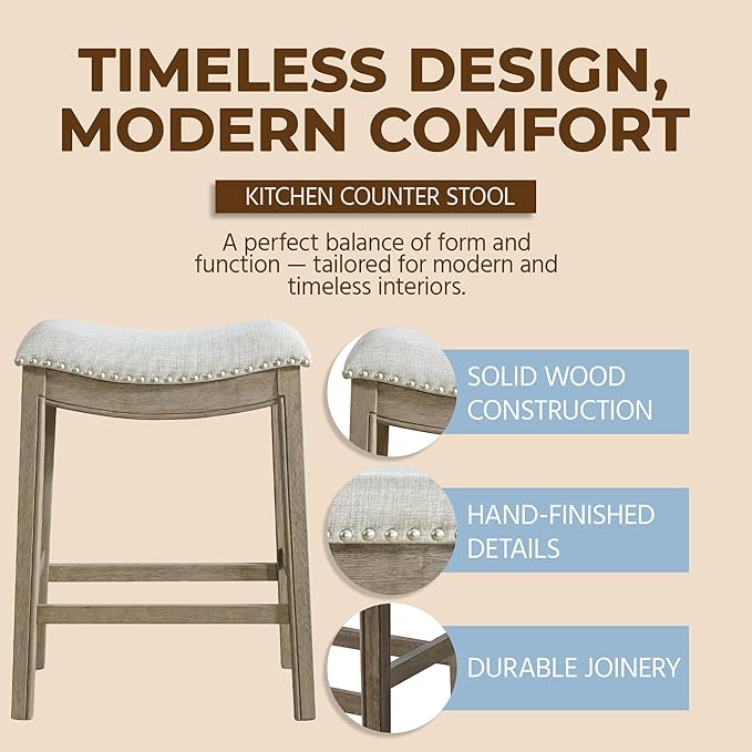 ROME + OAK Set of 2 Parker 26" Counter Stool, Backless Saddle Kitchen Barstool in Reclaimed Oak Finish with Ash Grey Fabric Upholstery Cushion Seat