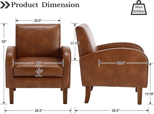 Brown Faux Leather Accent Chair Set of 1, Mid Century Modern Upholstered Arm Chair with Wooden Legs, Comfy Reception Office Club Reading Chairs Side Lounge Chairs for Living Room Bedroom