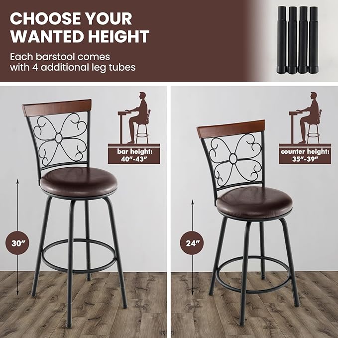 COSTWAY Bar Stools for Kitchen Island, 24/30 Inch Adjustable Seat Height Swivel Barstools Set of 2, Cushioned Seat & Cozy Backrest, Extra Leg Tubes for Height Adjustment, for Kitchen, Bar (2)