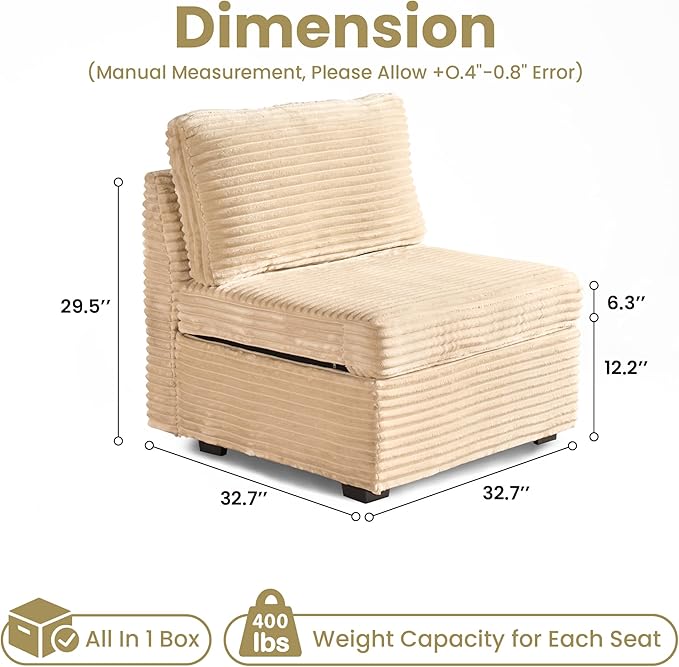 32.7'' Middle Seat for Modular Sectional Sofa, Deep Seat Upholstered Armless Chair Sleeper Sofas, L/U/V Shaped Plush Corduroy Cloud Couch for Living Room Apartment, Beige