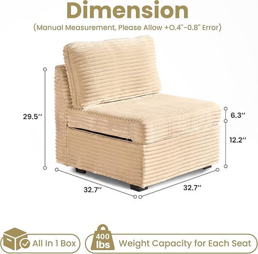 32.7'' Middle Seat for Modular Sectional Sofa, Deep Seat Upholstered Armless Chair Sleeper Sofas, L/U/V Shaped Plush Corduroy Cloud Couch for Living Room Apartment, Beige