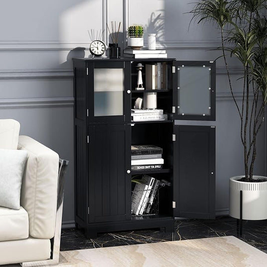 COSTWAY Bathroom Storage Cabinet, Wooden Linen Storage Organizer Cupboard with Doors & Adjustable Shelf, Freestanding Floor Cabinet for Living Room, Kitchen, Entryway, Office (Black)