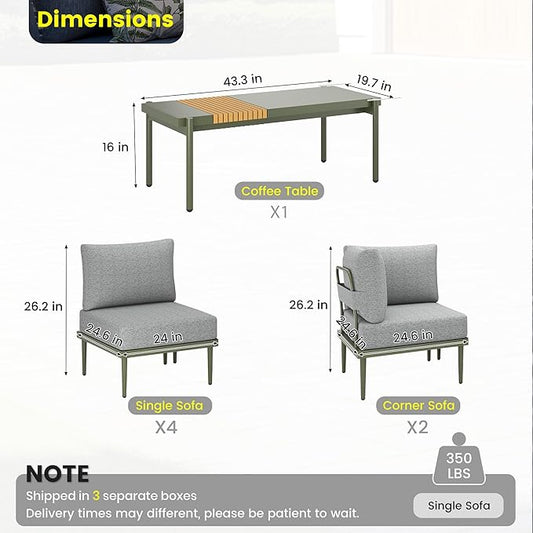 Sundale Outdoor 7 Pieces Metal Patio Furniture Set, Outdoor Sectional Sofa w/6 Inch Olefin Cushion and Coffee Table, Modern Outdoor Conversation Sets (6 Seats, Green Frame)
