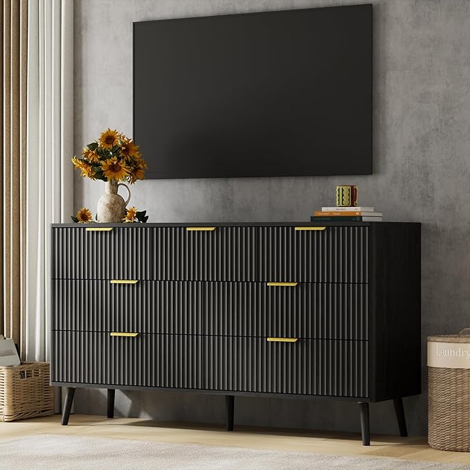 LYNSOM Fluted Dresser and Nightstand Sets 2 Piece, 2-Drawer Nightstands and 7-Drawers Dresser, Wood Bedroom Furniture Set for Home, Bedroom, Hallway, Black
