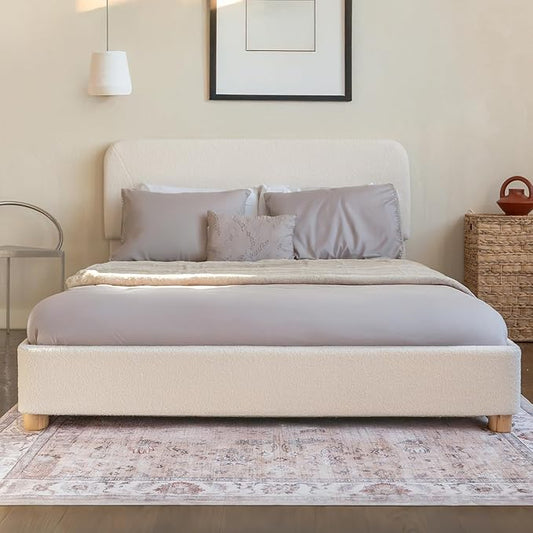 Cloud Bed Frame, Soft Boucle Bed Frame with Adjustable Headboard, Solid Wood Legs, Rounded Corners Design & Easy Assembly – Modern Platform Bed, Twin Cream