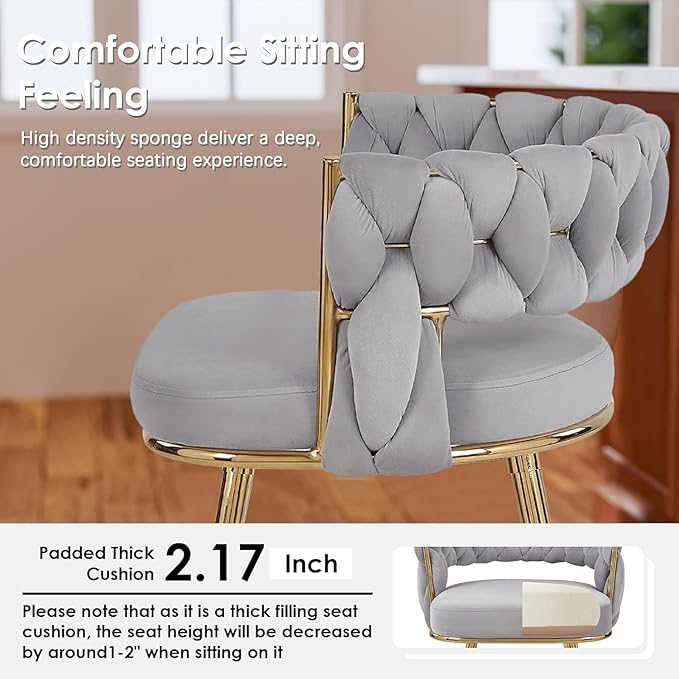 VECELO Bar Stools Set of 4, Counter Height Bar Stools, 26 inch Seat Barstools with Woven Back and Footrest for Kitchen Island Counter, Grey