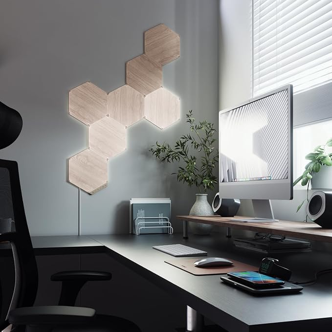 Nanoleaf Elements Wood Look Smart Wall Lights, Hexagon LED Wall Lights work with Alexa Google Assistant, Home Wall Decor for Living Room with Music Sync, Touch Control, Ambient Lighting, 7 PK