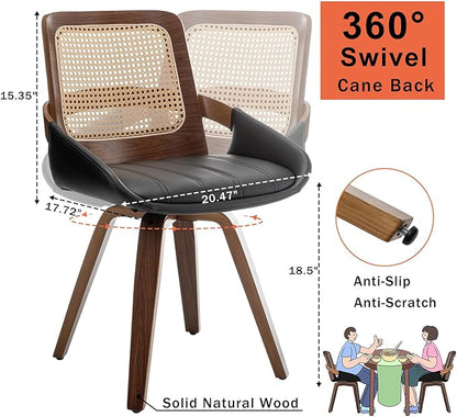 Set of 4 Kitchen & Dining Room Chairs - Swivel Dining Chairs with Cane Back, Walnut Bentwood Frame, Faux Leather Seat, Arms, Versatile for Conference/Kitchen/Restaurant/Living Room (Walnut Black)