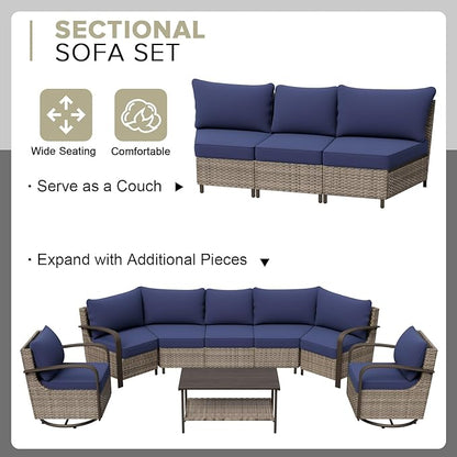 COOS BAY Aurora Terrace Half-Moon Outdoor Furniture Set, Rattan Conversation Set with Swivel Rockers, Curved 5-Seat Sofa, Coffee Table & Side Table, Seats 7, Beige/Blue