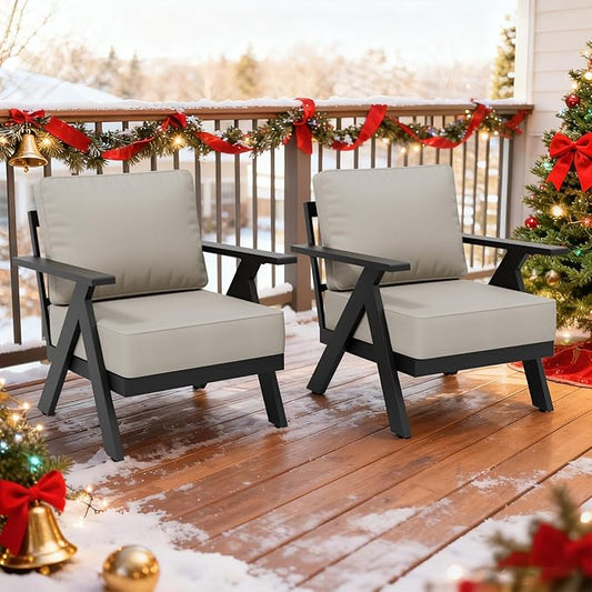 COOS BAY Iron Luxe Modern Outdoor Patio Chairs Set of 2, Lounge Accent Chairs for Backyard, Deck, Porch, Garden, Black/Beige
