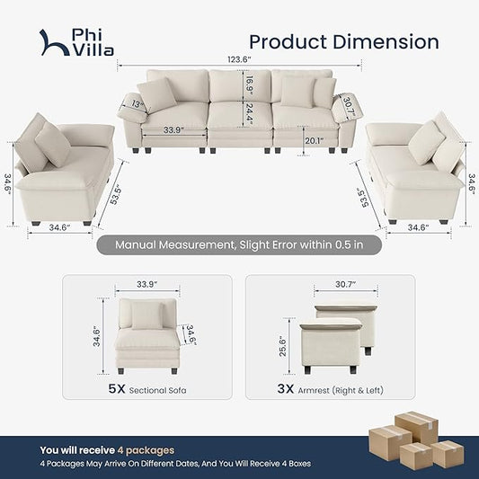 PHI VILLA Cloud Modular Couches Sets, 3 Pieces Large Sectional Sofa Set with Single Sofa, 5-Seater Upholstered Couch for Living Room, Chenille Fabric, Beige