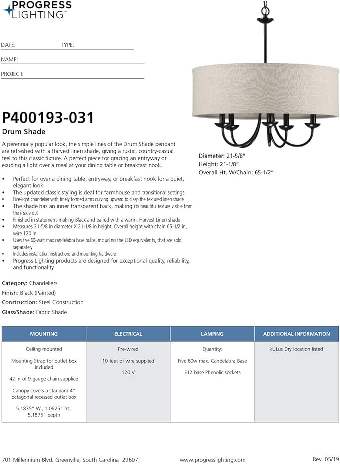 Progress Lighting Drum Shade Collection Five-Light Chandelier, Farmhouse Style Hanging Ceiling Light Fixture for Dining Rooms, Foyers, Harvest Linen Shade, Matte Black