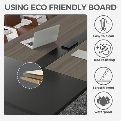 Modern Conference Table with Cable Management, Thickened Top & Trapezoidal Legs – Office Meeting Table for Executive Workspaces (Oak+Gray, 118" L
