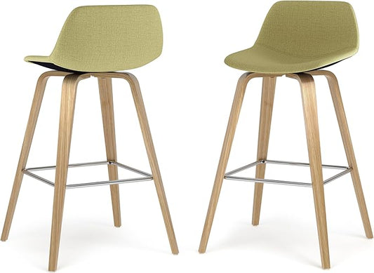 SIMPLIHOME Randolph Counter Stools (Set of 2) - 28 Inch Seat Height Upholstered Bentwood Kitchen Seats in Acid Green Linen Look Fabric, Mid Century Modern Seating with Curved Backrest and Footrest