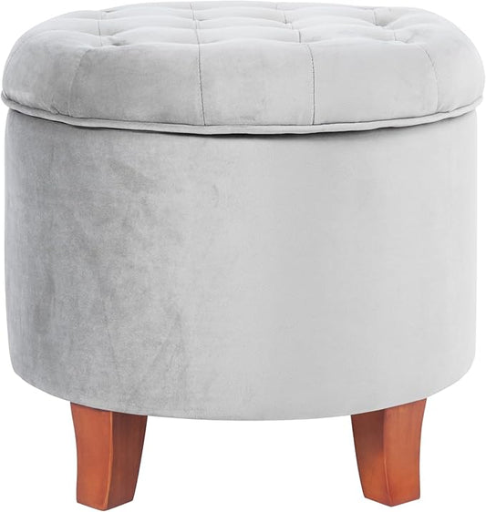 Homepop Home Decor | Upholstered Round Velvet Tufted Foot Rest Ottoman | Ottoman with Storage for Living Room & Bedroom | Decorative Home Furniture, Gray Small