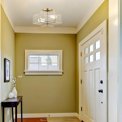 Bofea-Gold Ceiling Light Modern Semi Flush Mount Ceiling Lights Vintage Hallway Lights Fixture Brass Star Flush Light Fixture Unique Glass Semi Flush Mount Chandelier for Bedroom Foyer Entry Lamp