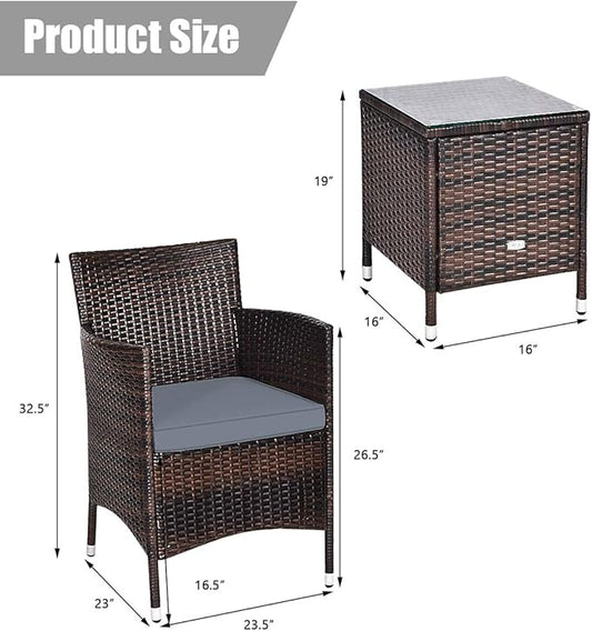 COSTWAY 3 PCS Patio Furniture Set, Outdoor Wicker Conversation Set with Tempered Glass Coffee Table, Seat Cushions, Rattan Wicker Chairs for Poolside Balcony Porch Backyard, Gray