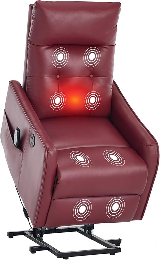 PELUMY Manual Lift Recliner Chair with Massage and Heat for Elderly, Single Motor Electric Lift Chair, Heavy Duty Recliner with USB Charging & Side Pockets (Breathable Leather, Red)