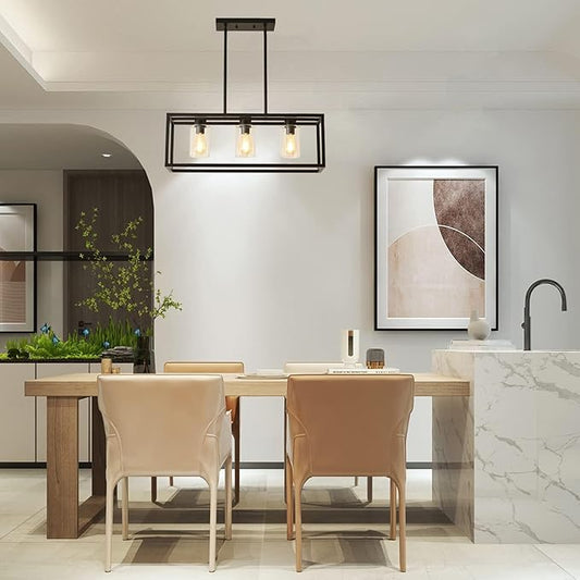 Farmhouse Dining Room Light Fixture Kitchen Island Pendant Lighting Rectangle Black Dining Room Lighting Fixture Modern Pendant Contemporary Chandeliers with Glass Shade Adjustable