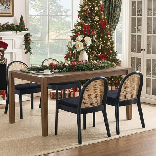 Upholstered Wooden Dining Chairs Set of 4, Farmhouse Kitchen & Dining Room Chairs with Cane Back, Accent Rattan Dining Table Chairs Sherpa Seat for Kitchen/Restaurant/Living Room, Black