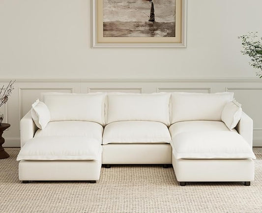chairus 97" Modular Sectional Sofa with 2 Moveable Ottoman Upholstered Deep Seat Linen Couch Set with Soft Pillows U Shaped Sofa Couch for Living Room, Apartment, Reception Room, 3-Seater/White