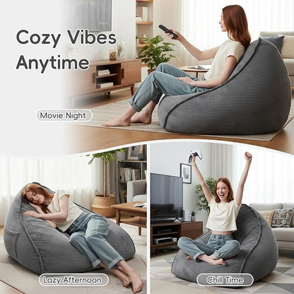 Cloud Bean Bag Chair with Ottoman for Adults, Comfy Corduroy Chaise Lounge Chair with High-Resilience Foam, Oversized Boneless Reading Chair for Bedroom & Living Room