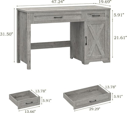 Vabches Farmhouse 51" Executive Desk,Computer Desk with Drawers and Storage Cabinet, Home Office Desk for Work and Study.Grey