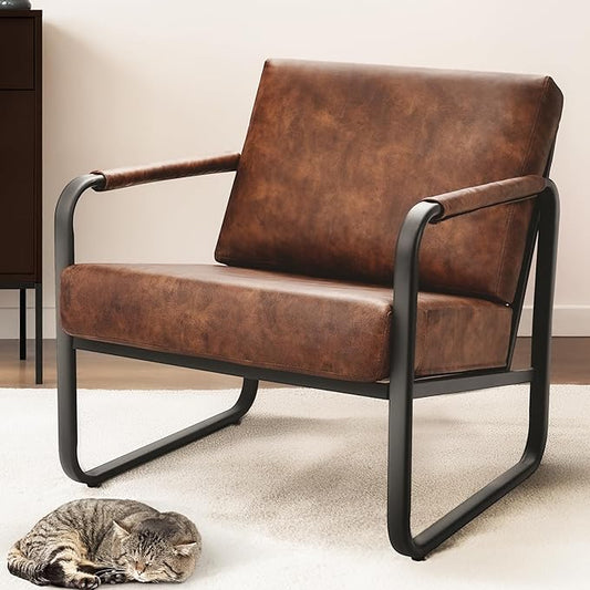 PrimeZone Mid-Century Modern Accent Chair - Comfy Faux Leather Living Room Chair, Lounge Armchair with Extra Soft Padded & Cushion, Ergonomic Accent Chair for Bedroom Office Waiting Room, Brown