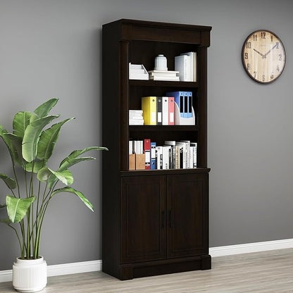 72" Roman Column Bookcase with Double Door Cabinet, 5 Tiers Tall Bookshelf Storage and Anti Tip Kit, Classic American European Modern Multi Style Design for Living Room Study Office, Dark Cherry