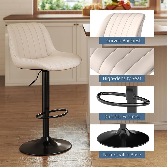 Youhauchair Bar Stools Set of 2, Swivel Counter Height Barstools with Back, Adjustable PU Leather Bar Chairs, Modern Armless Kitchen Island Stool, Beige