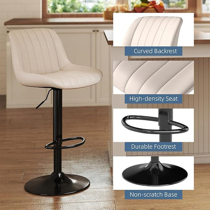 Youhauchair Bar Stools Set of 2, Swivel Counter Height Barstools with Back, Adjustable PU Leather Bar Chairs, Modern Armless Kitchen Island Stool, Beige