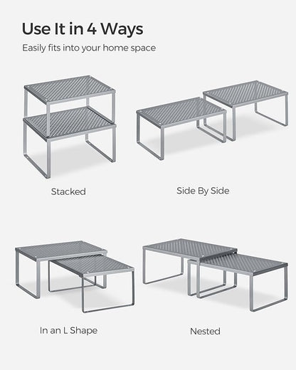 SONGMICS Spice Racks, Set of 4 Metal Cabinet Shelf Organizers, Countertop Organizers, Shelf Risers, Stackable, Expandable, Silver UKCS006S01