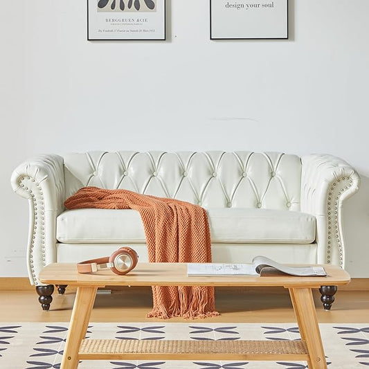 LEVNARY Leather Sofa, Chesterfield Tufted Upholstered 2 Seater Couch, Modern Loveseat Couch Classic Furniture for Living Room Bedroom (Cream White)