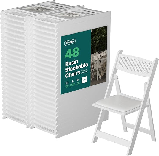 SIMPLEX White Stackable Folding Chairs with Padded Seat & Mesh Back, Padded Indoor/Outdoor Folding Chair, Lightweight Foldable Chairs, Weight Capacity 800LBs (48 Pack)