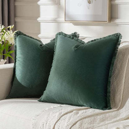 FUTEI Christmas Army Green Velvet Decorative Throw Pillow Covers 22x22 Set of 2,Soft Cozy Edge with Tassels Cushion Case,Boho Modern Home Decor for Couch Bed Living Room