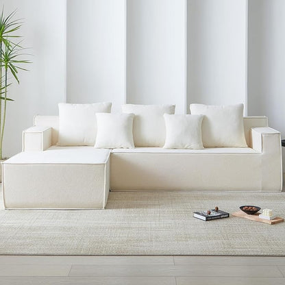 Boneless Couch Sectional, Comfy Memory Foam Sofa in a Box, Modern Cloud Couch with 5 Headrests, Comfy L-Shape Sofa for Living Room (White, Velvet)
