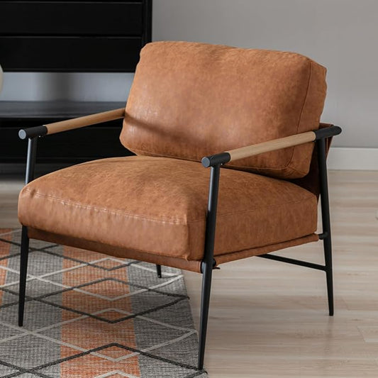 HEAH-YO Modern Accent Chair Set of 1, PU Faux Leather Living Room Chair with Backrests and Metal Legs, Comfy Reading Side Armchair for Bedroom, Brown