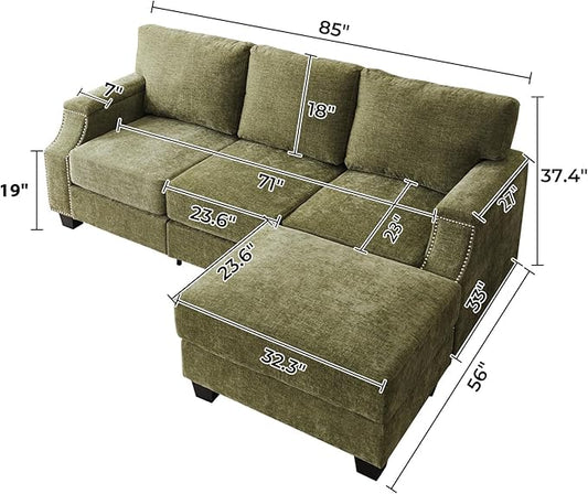 85'' L Shaped Couch with Armrest Organizer,Comfy 3 Seats Sofa with Storage Ottoman,Chenille Sectional Couches for Living Room,Bedroom,Apartment,Sofa Set with Oversized Chair,Green