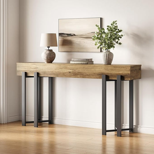 LITTLE TREE 63-Inch Console Table for Entryway, Industrial Behind Couch Table, Minimalist Sofa Table for Living Room, Rustic Brown Wooden Hallway Foyer Table with Black Metal Frame