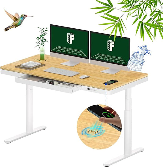 FLEXISPOT Q8 55" Bamboo Standing Desk, Dual Motor 3 Stages Adjustable Height Electric Computer Workstation w/Wireless Charging, Drawer, Quick Install, 220lbs Capacity (Bamboo Tabletop + White Frame)