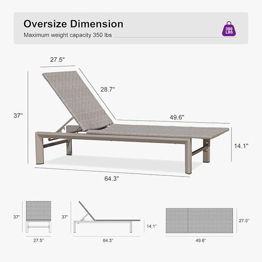 PURPLE LEAF Patio Oversized Chaise Lounge Rattan Chair Set of 2 Outdoor Pool Adjustable Recliner Wicker Chairs for Outside Woven Furniture Tanning Poolside Lounger Slate Gray