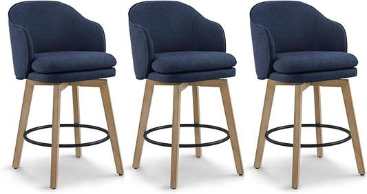 Counter Height Barstools 26 inch Upholstered Swivel Bar Stools with Back and Wood Legs for Kitchen Island,Set of 3,Blue Fabric