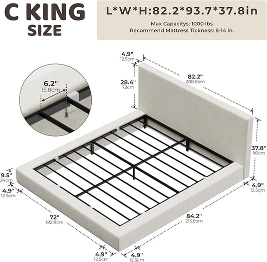 RECCI Cloud Upholstered California King Bed Frame with Headboard, 5 Inch Foam Padded Platform, No Box Spring, Easy Assembly (Cream)