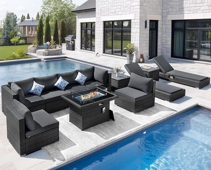NICESOUL 11 Piece Outdoor Furniture Set with Fire Pit Table Natural Gas/Propane, 29.3'' High Back Comfy Patio Sectionals w/Chaise Lounger, Modern Large Deep Rattan Sofa Set for Garden Backyard, Gray
