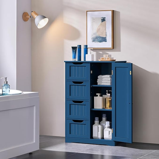 Yaheetech Wooden Bathroom Floor Cabinet, Side Storage Organizer Cabinet with 4 Drawers and 1 Cupboard, Freestanding Entryway Storage Unit Console Table, Bathroom Furniture Home Decor, Navy Blue