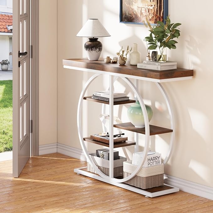 41.3" Console Table for Entryway, Industrial Hallway Sofa Table with Storage Shelves, Narrow Accent Decor Living Room Furniture with Circle Base for Foyer, Entrance, Brown White