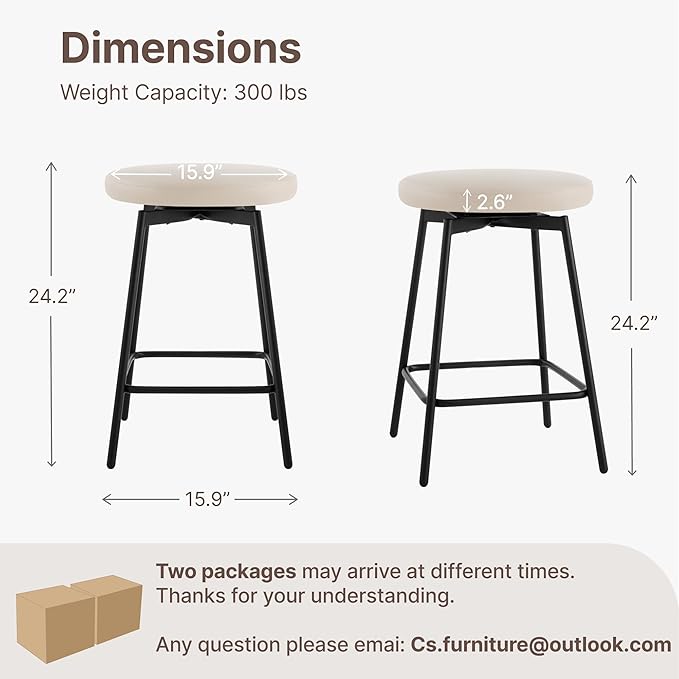 Swivel Bar Stools Set of 2, 24" Counter Height Bar Stool, Backless Barstools with Faux Leather Upholstered Seat&Sturdy Wood Legs for Kitchen Island, Beige